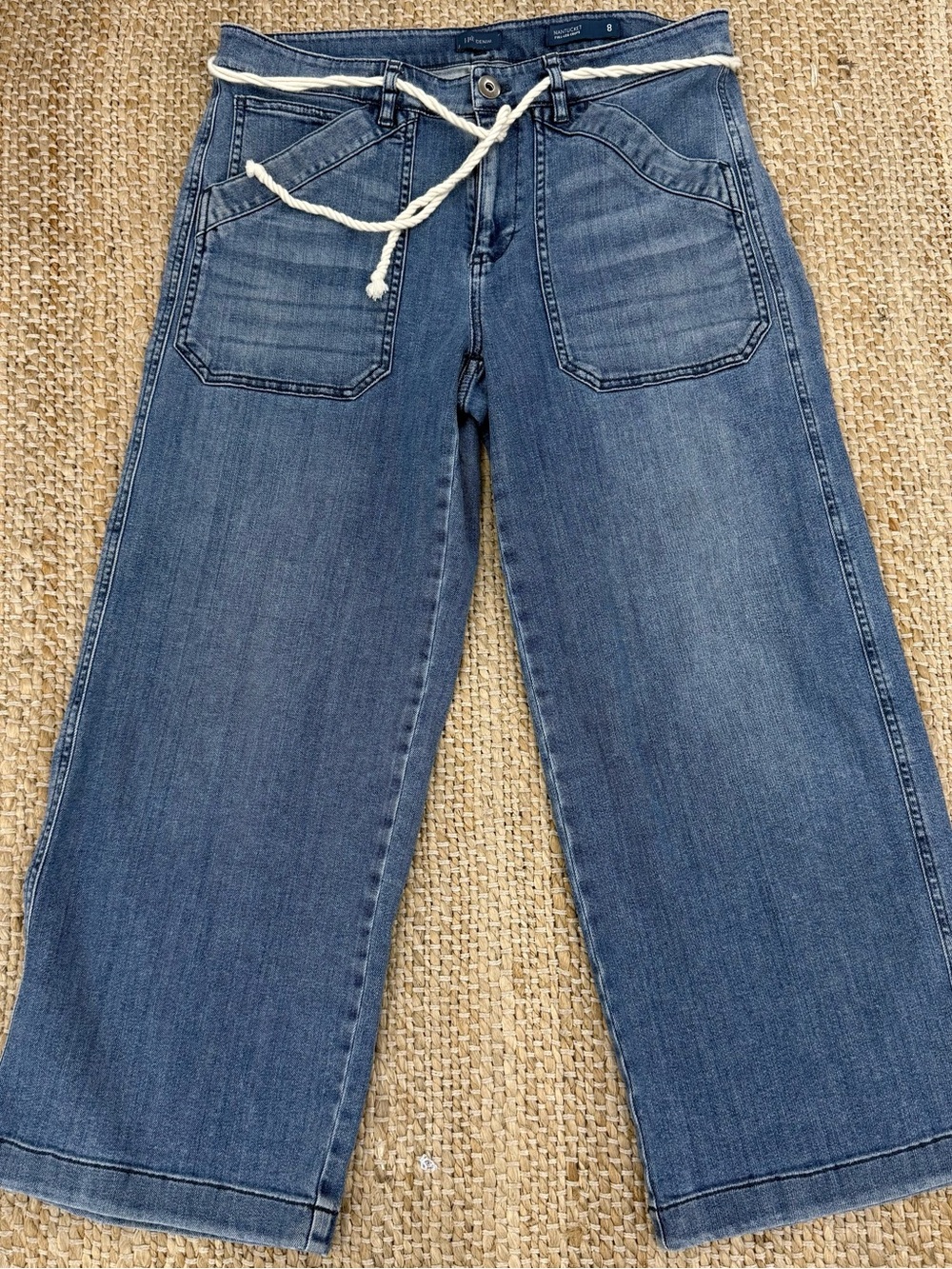 J Jill Nantucket Full Leg Cropped Jeans Sz 8 Blue Denim Wide Leg Rope Belt